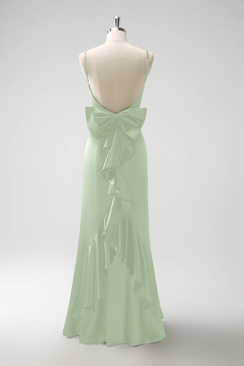 Vert foncé Sirène spaghetti bretelles Satin noeud volant longue robe de demoiselle d’honneur - Image 14