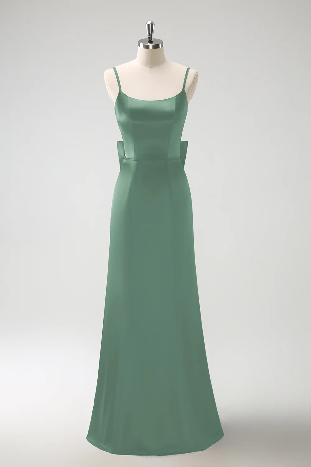 Vert foncé Sirène spaghetti bretelles Satin noeud volant longue robe de demoiselle d’honneur - Image 15