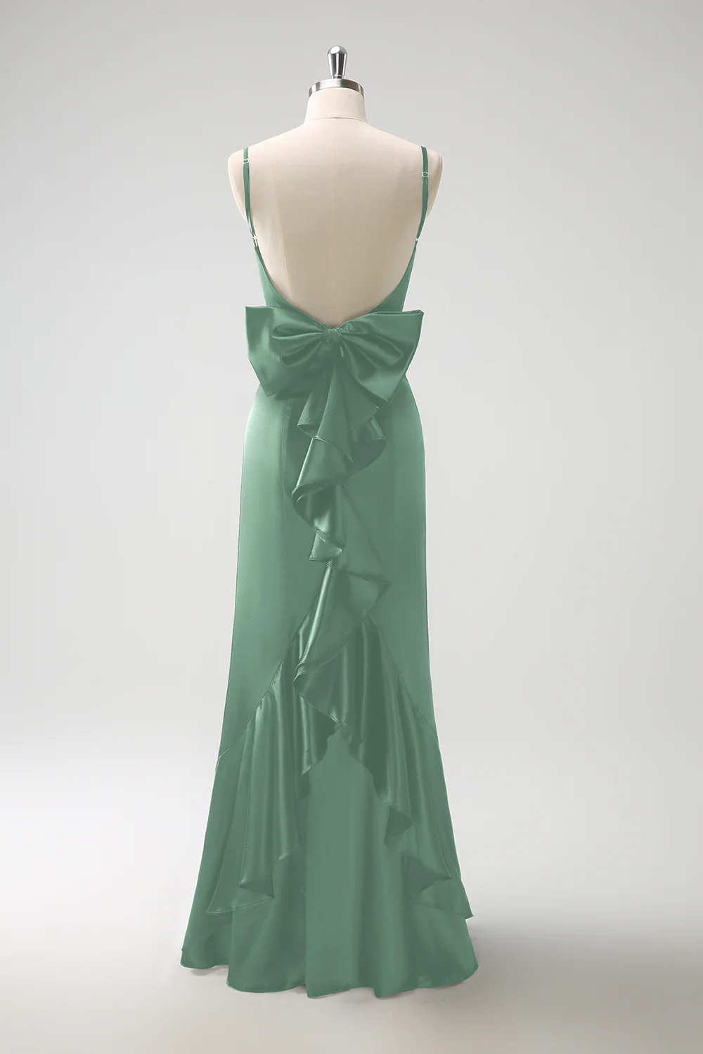 Vert foncé Sirène spaghetti bretelles Satin noeud volant longue robe de demoiselle d’honneur - Image 16