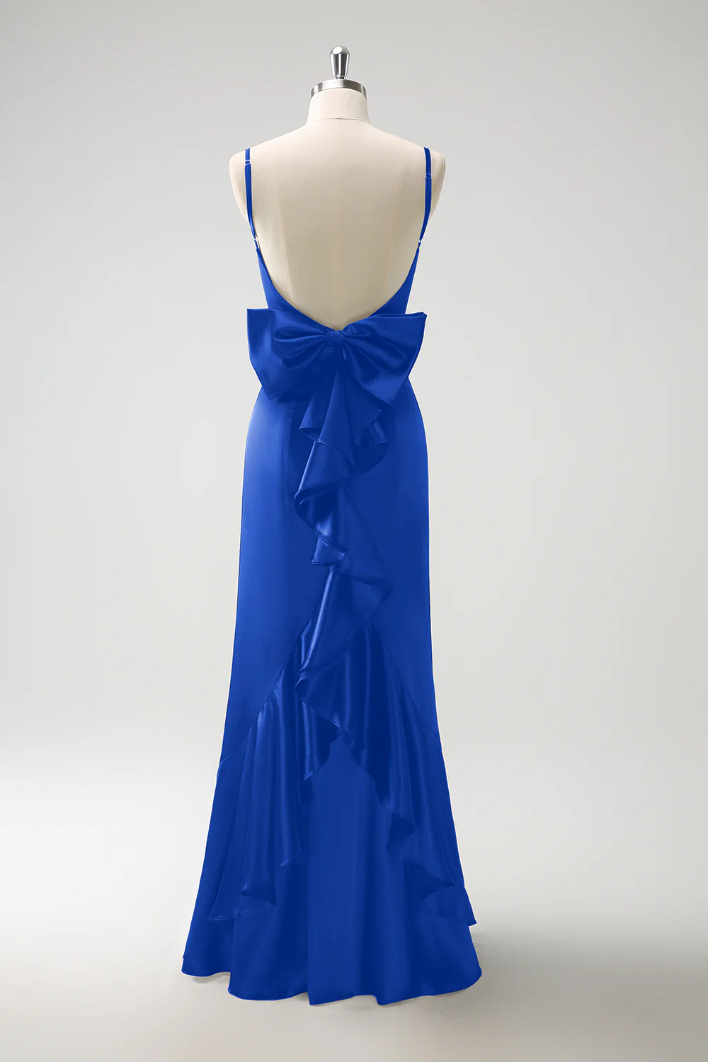 Vert foncé Sirène spaghetti bretelles Satin noeud volant longue robe de demoiselle d’honneur - Image 18