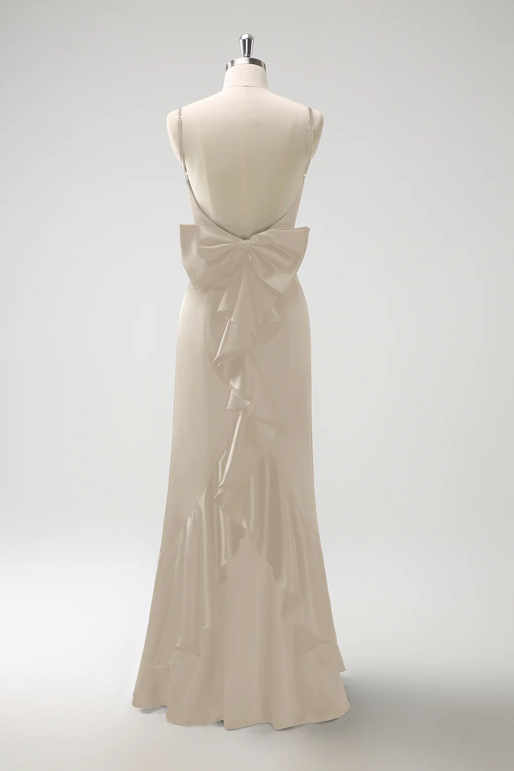 Vert foncé Sirène spaghetti bretelles Satin noeud volant longue robe de demoiselle d’honneur - Image 20