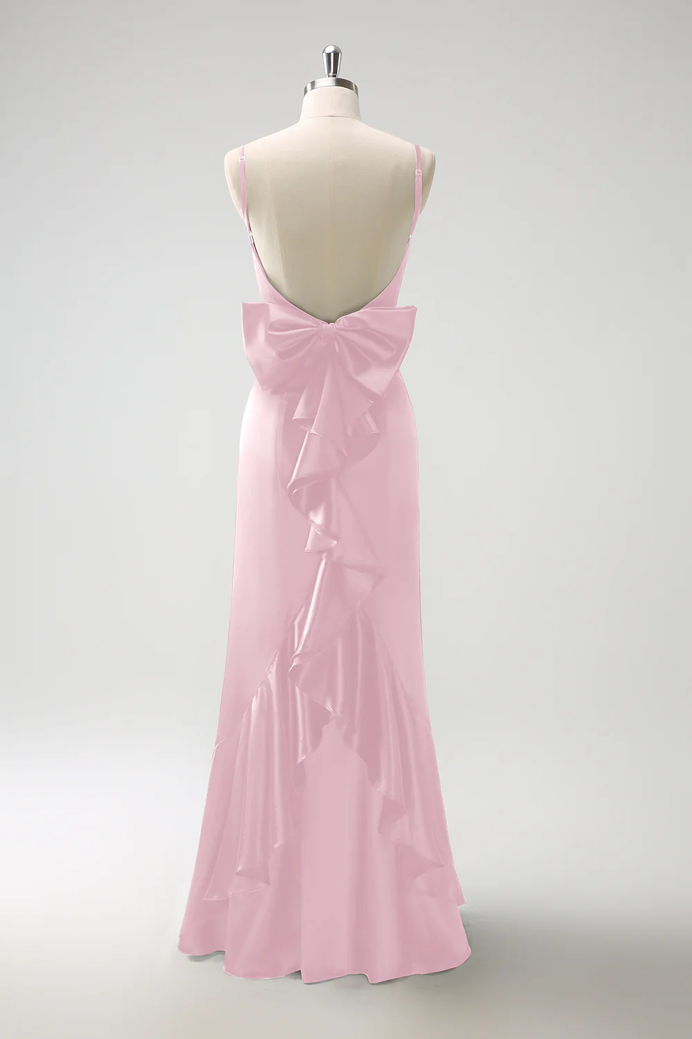 Vert foncé Sirène spaghetti bretelles Satin noeud volant longue robe de demoiselle d’honneur - Image 6