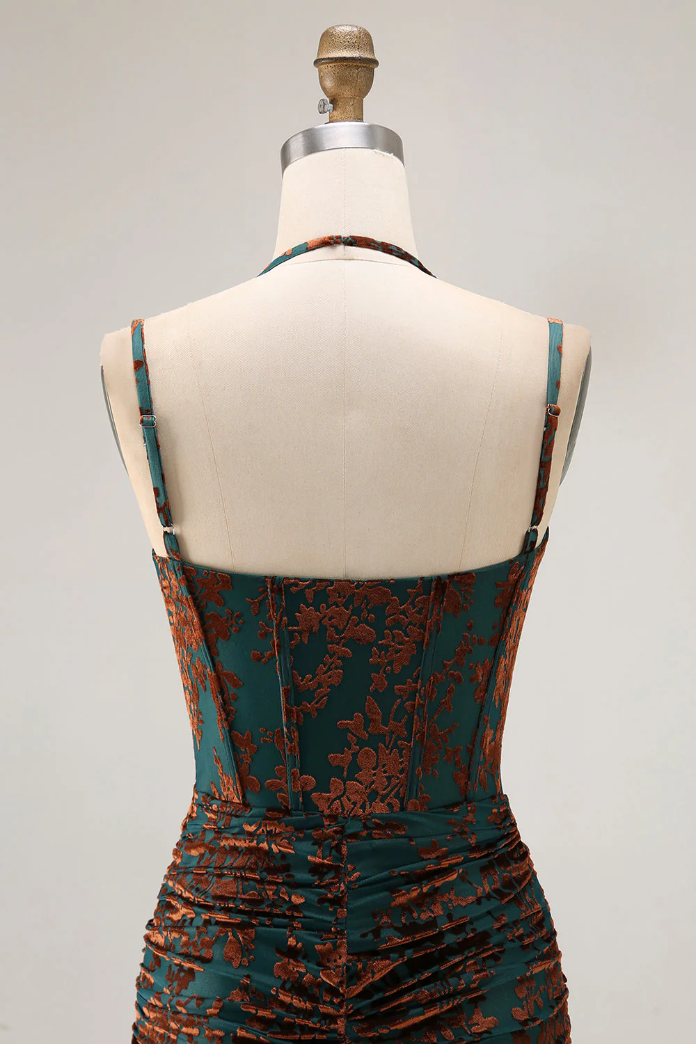Vert foncé spaghetti bretelles Burnout velours Corset froncé robe de demoiselle d’honneur - Image 5