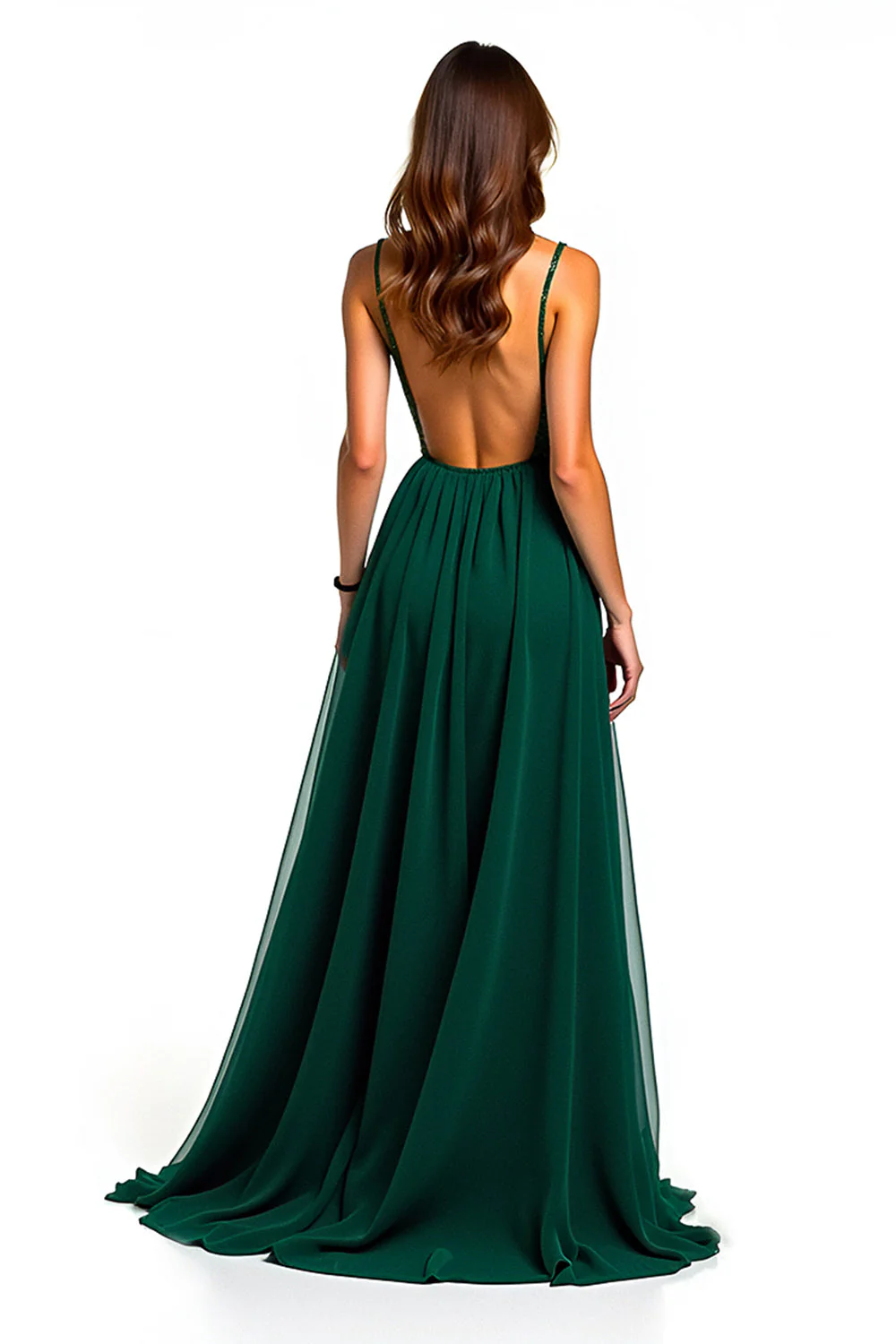 Vert foncé spaghetti bretelles une ligne longue robe d’invité de mariage avec fente - Image 2