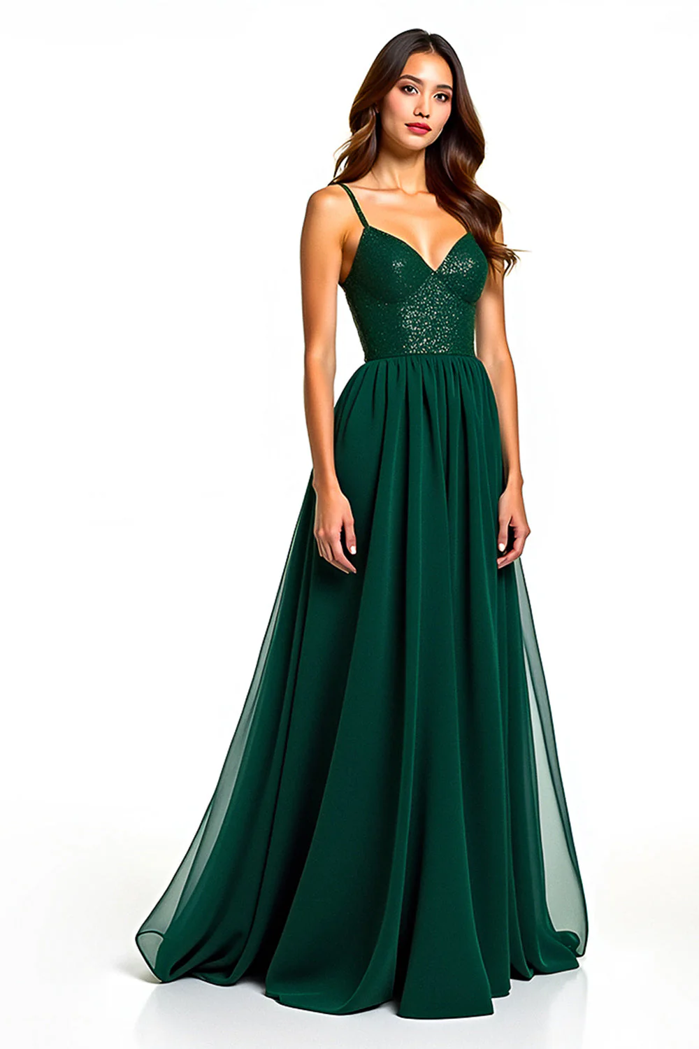 Vert foncé spaghetti bretelles une ligne longue robe d’invité de mariage avec fente - Image 3