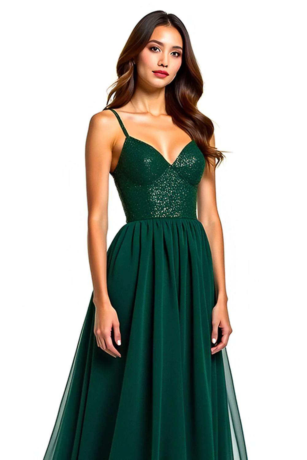 Vert foncé spaghetti bretelles une ligne longue robe d’invité de mariage avec fente - Image 4