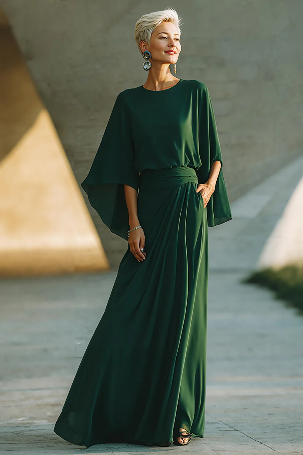 Vert foncé trapèze col rond longue mère de la mariée robe