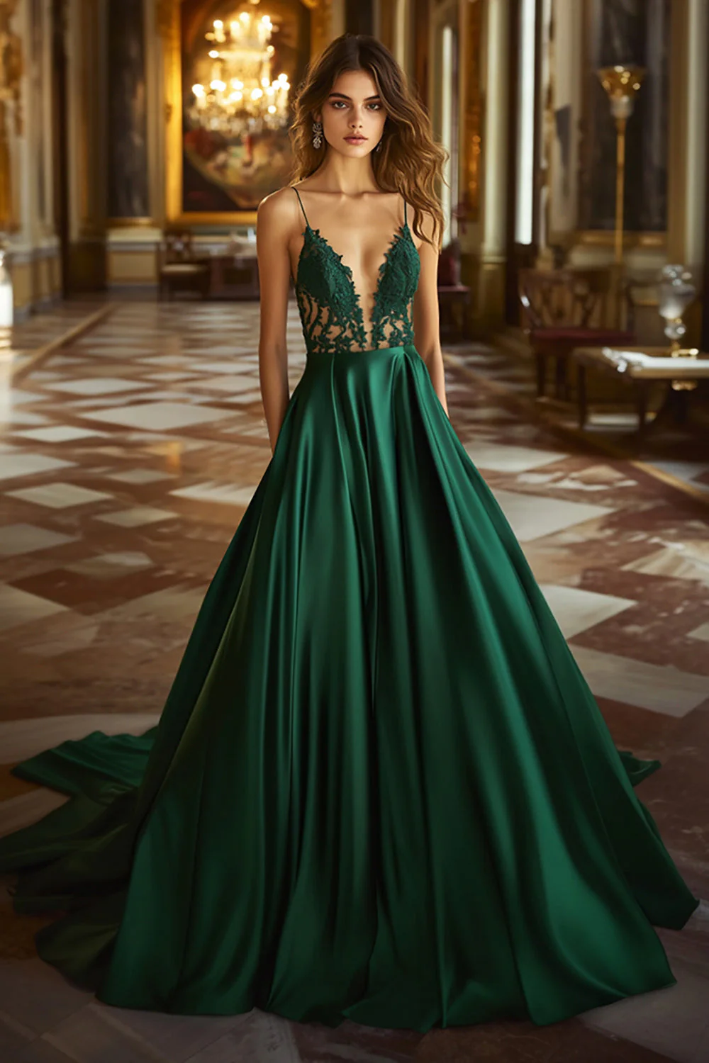 Vert foncé Une ligne dentelle col V Satin Robe longue de bal