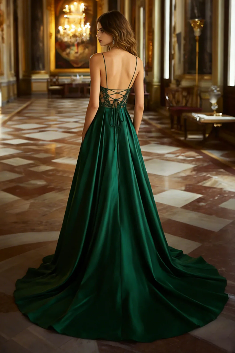 Vert foncé Une ligne dentelle col V Satin Robe longue de bal - Image 2