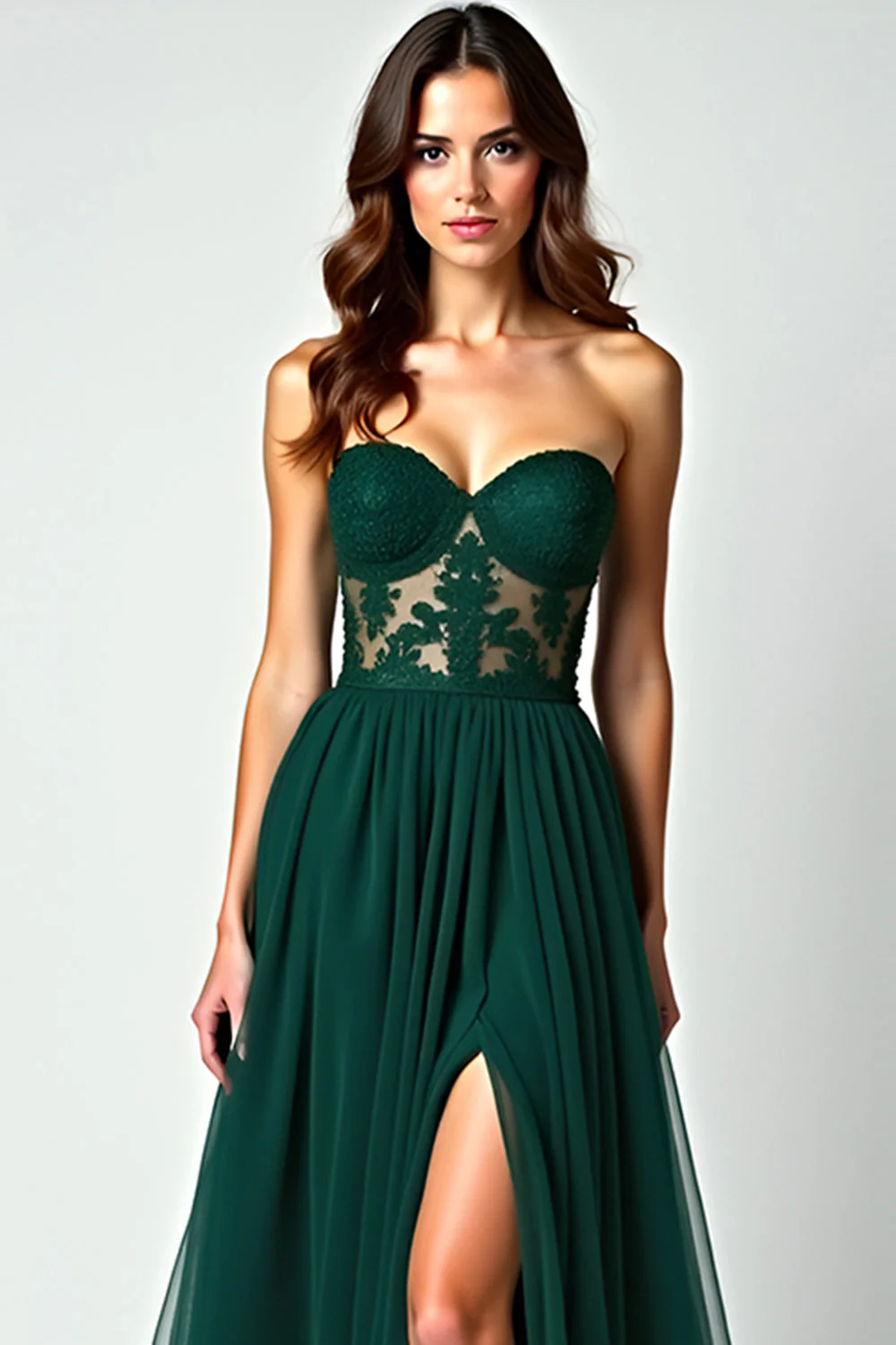 Vert foncé Une ligne sans bretelles dentelle fente robe longue de bal - Image 3