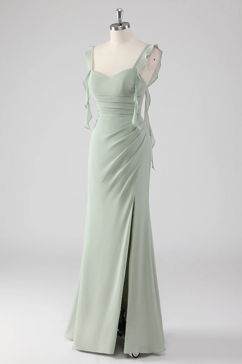 Robe de demoiselle d'honneur longue vert sauge à volants et lacets dans le dos avec fente - Image 3