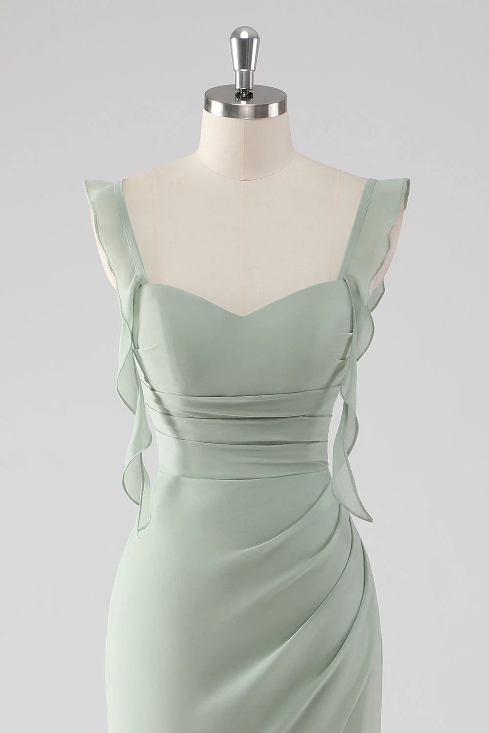 Robe de demoiselle d'honneur longue vert sauge à volants et lacets dans le dos avec fente - Image 4