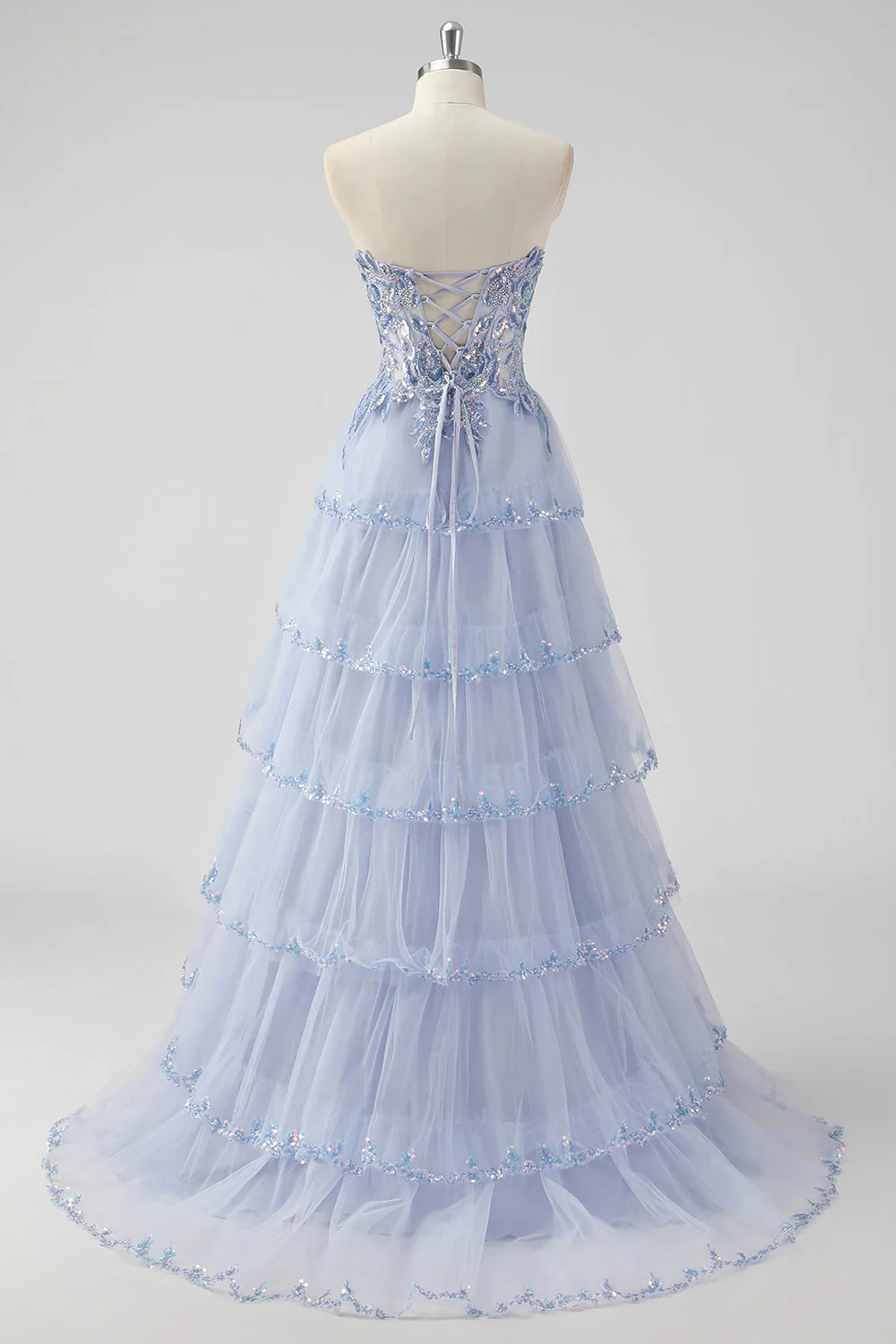 Robe de soirée vert sauge sans bretelles à paillettes avec corset et fente à plusieurs niveaux - Image 10