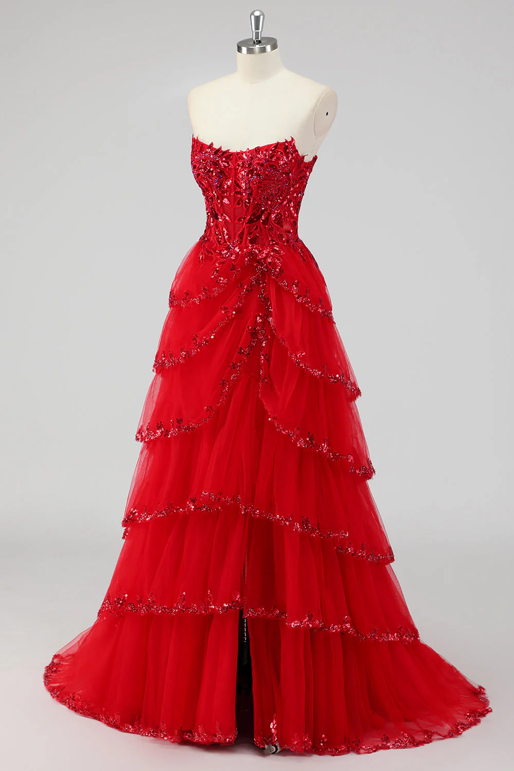 Robe de soirée vert sauge sans bretelles à paillettes avec corset et fente à plusieurs niveaux - Image 19