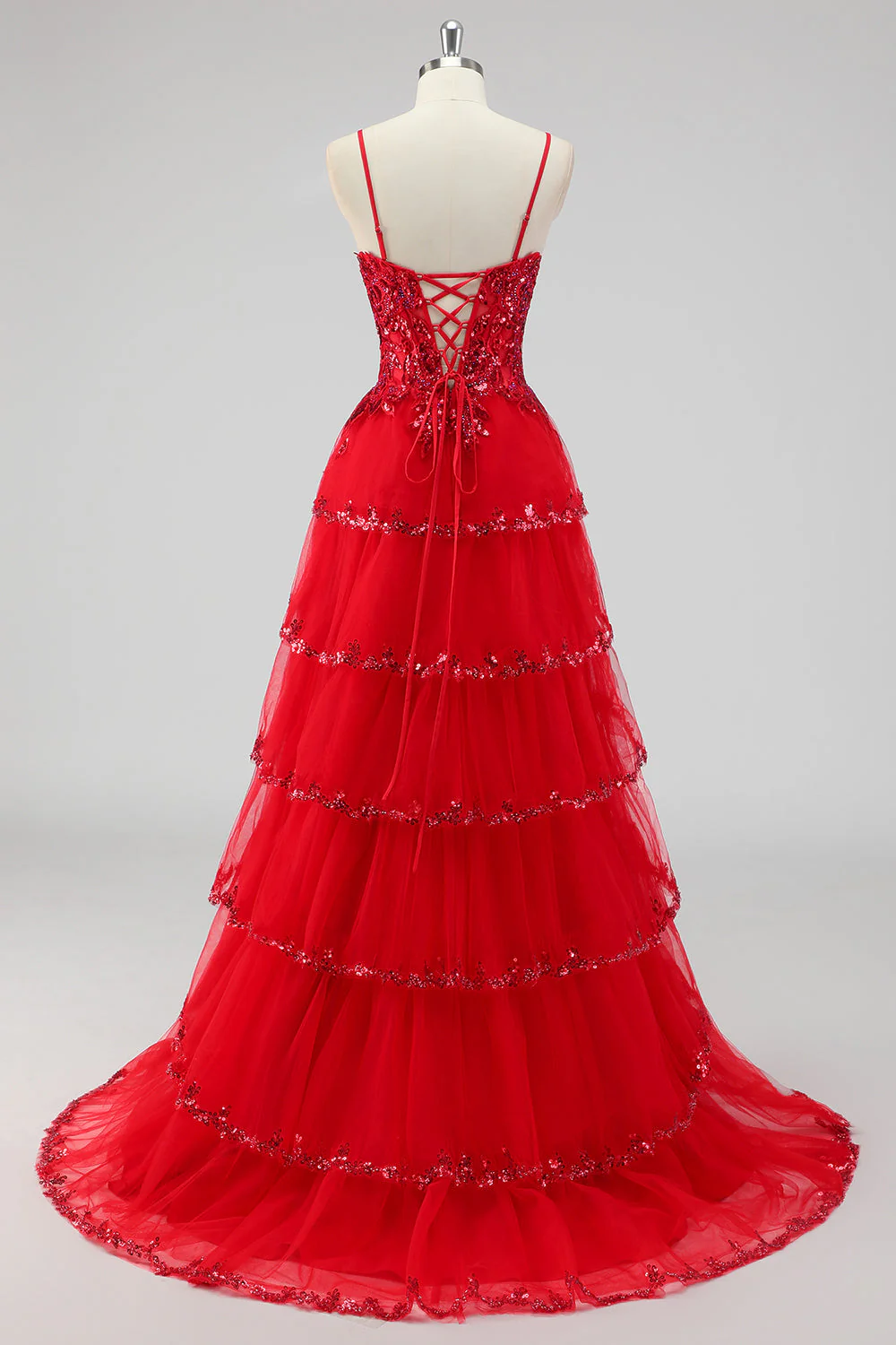 Robe de soirée vert sauge sans bretelles à paillettes avec corset et fente à plusieurs niveaux - Image 21