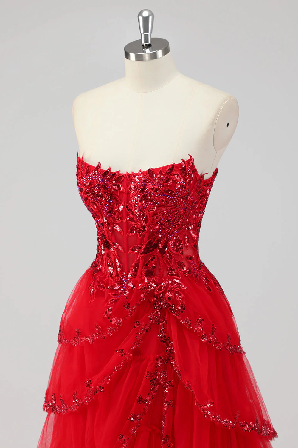 Robe de soirée vert sauge sans bretelles à paillettes avec corset et fente à plusieurs niveaux - Image 23