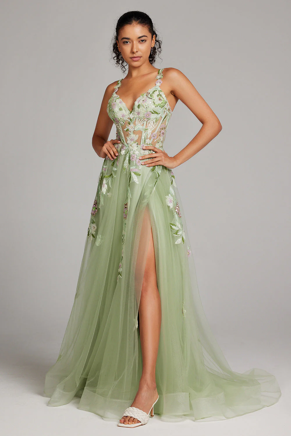 Robe de soirée longue verte A ligne à bretelles spaghetti corset appliqué avec tulle - Image 11