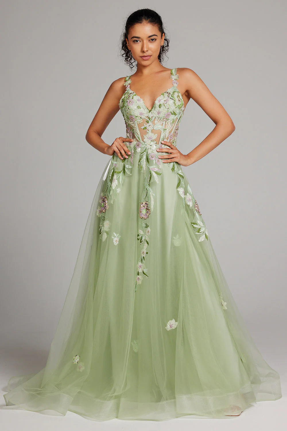 Vert scintillant Une ligne Corset à paillettes Brodé Robe longuede soirée avec fente - Image 5