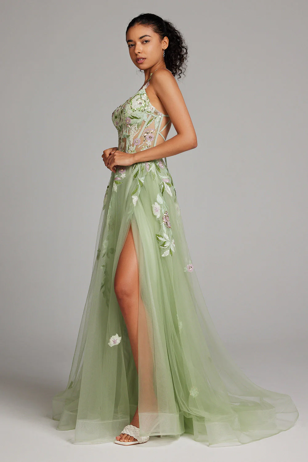 Vert scintillant Une ligne Corset à paillettes Brodé Robe longuede soirée avec fente - Image 6