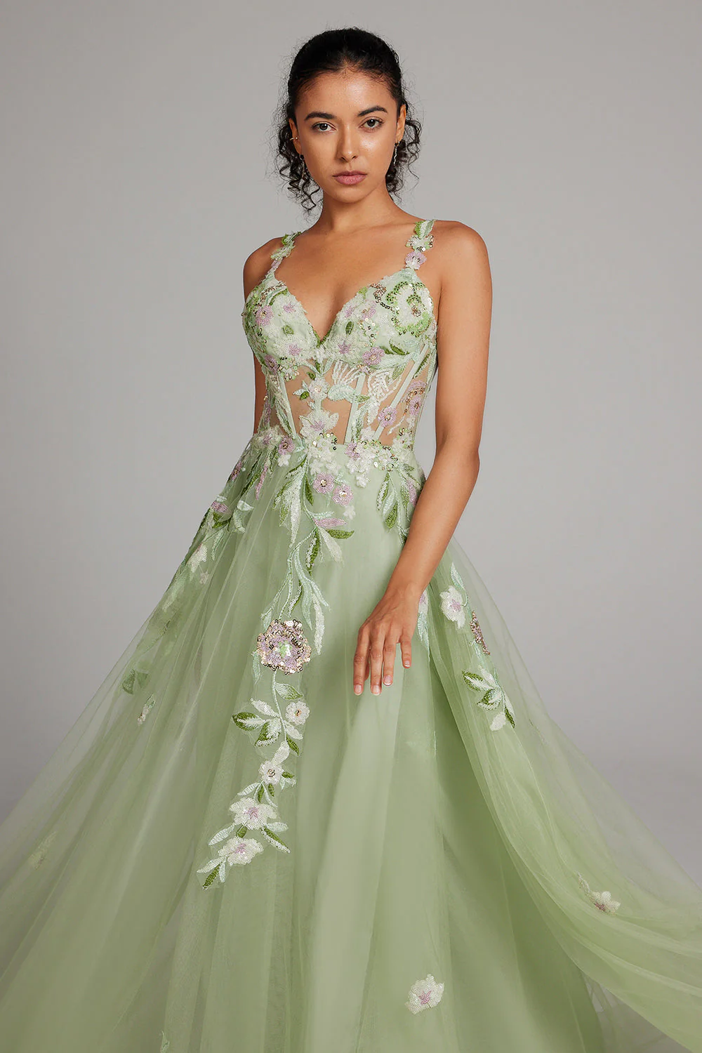 Vert scintillant Une ligne Corset à paillettes Brodé Robe longuede soirée avec fente - Image 7