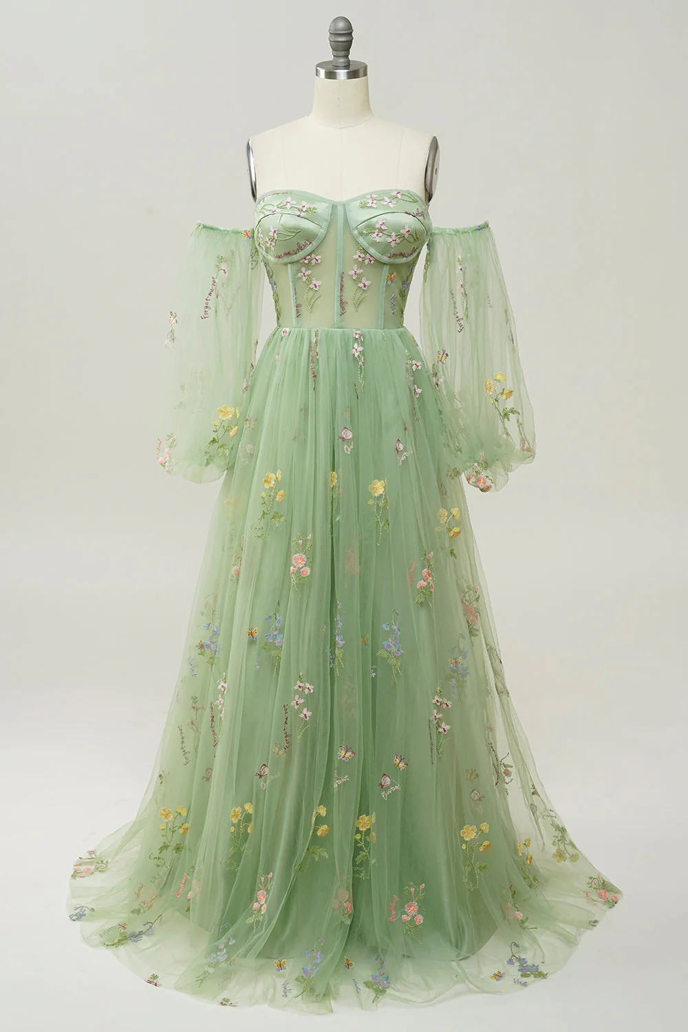 Vert sur l’épaule Manches longues A-Line Robe de Soirée