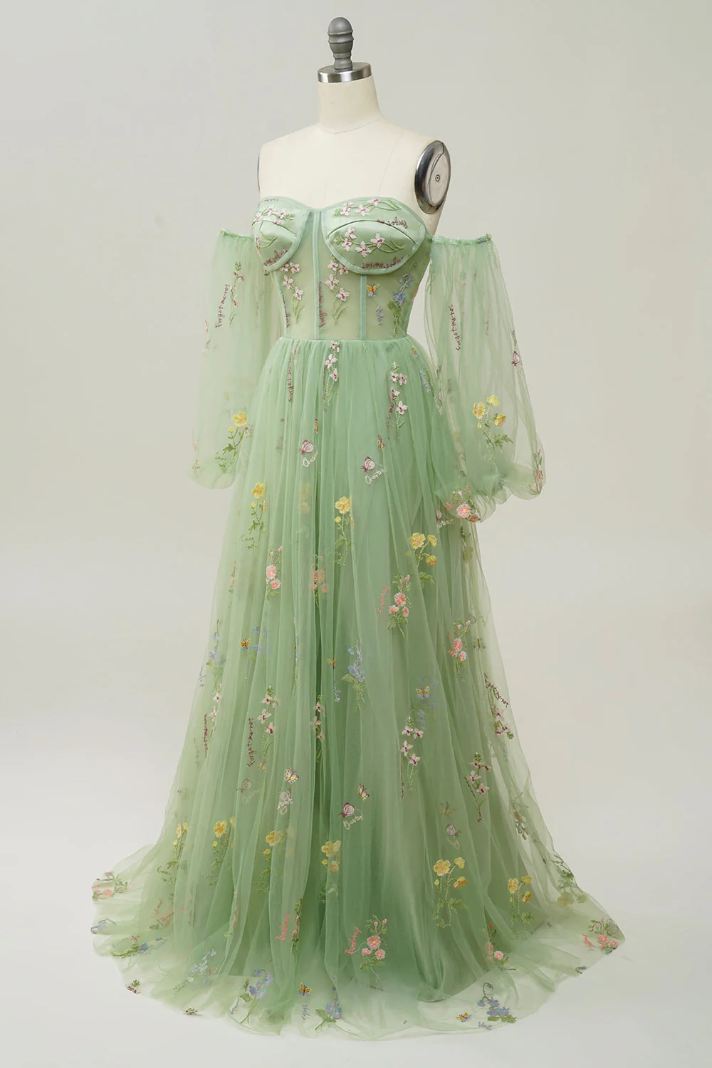 Vert sur l’épaule Manches longues A-Line Robe de Soirée - Image 3