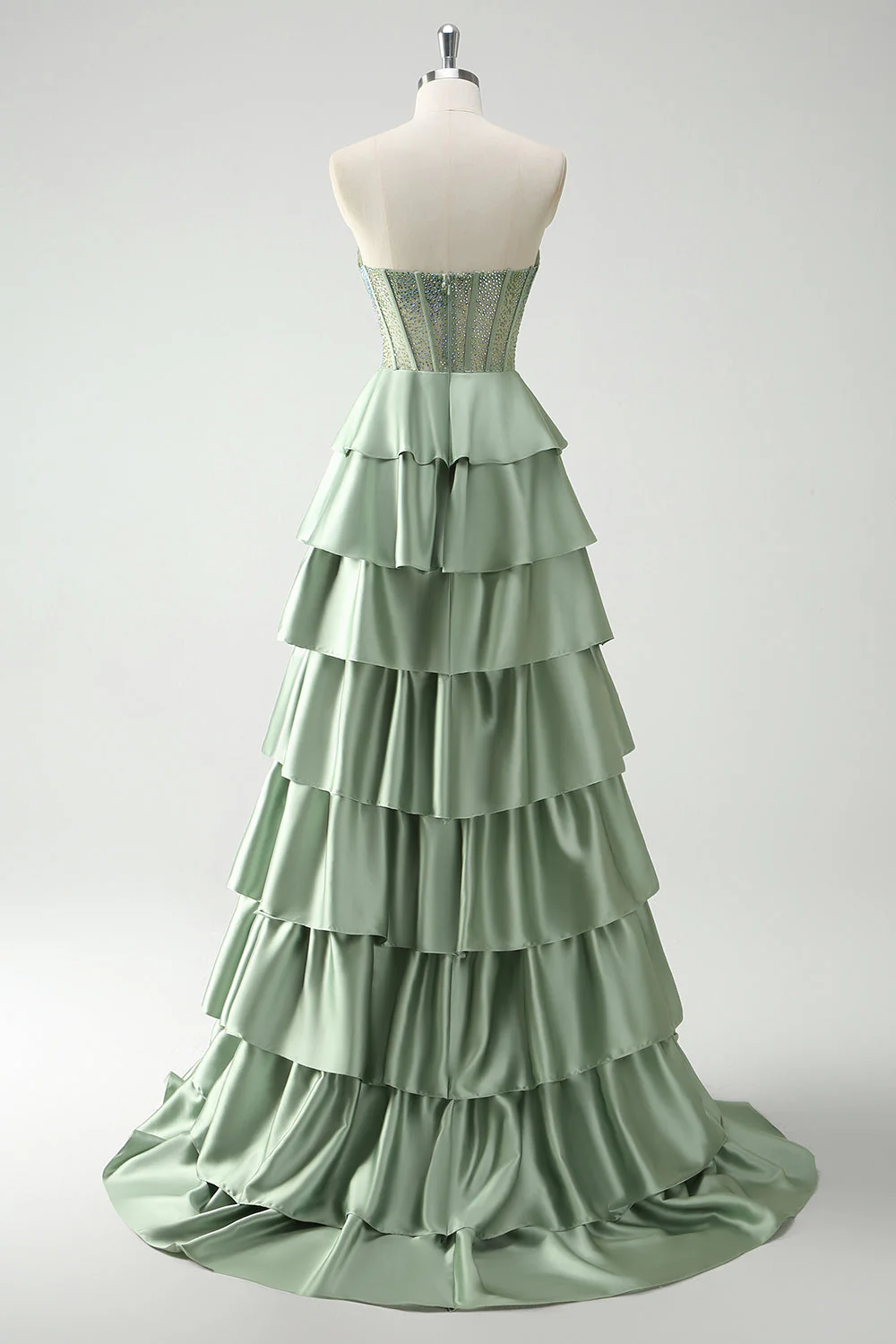 Vert Sweetheart Princesse Satin Tiered Long Corset Robe De Soirée avec Fente - Image 2