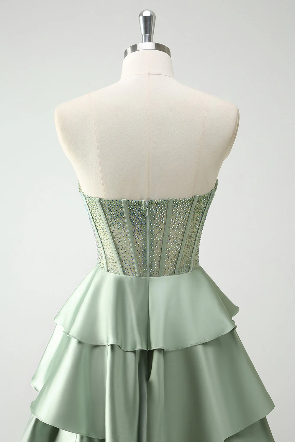 Vert Sweetheart Princesse Satin Tiered Long Corset Robe De Soirée avec Fente - Image 5