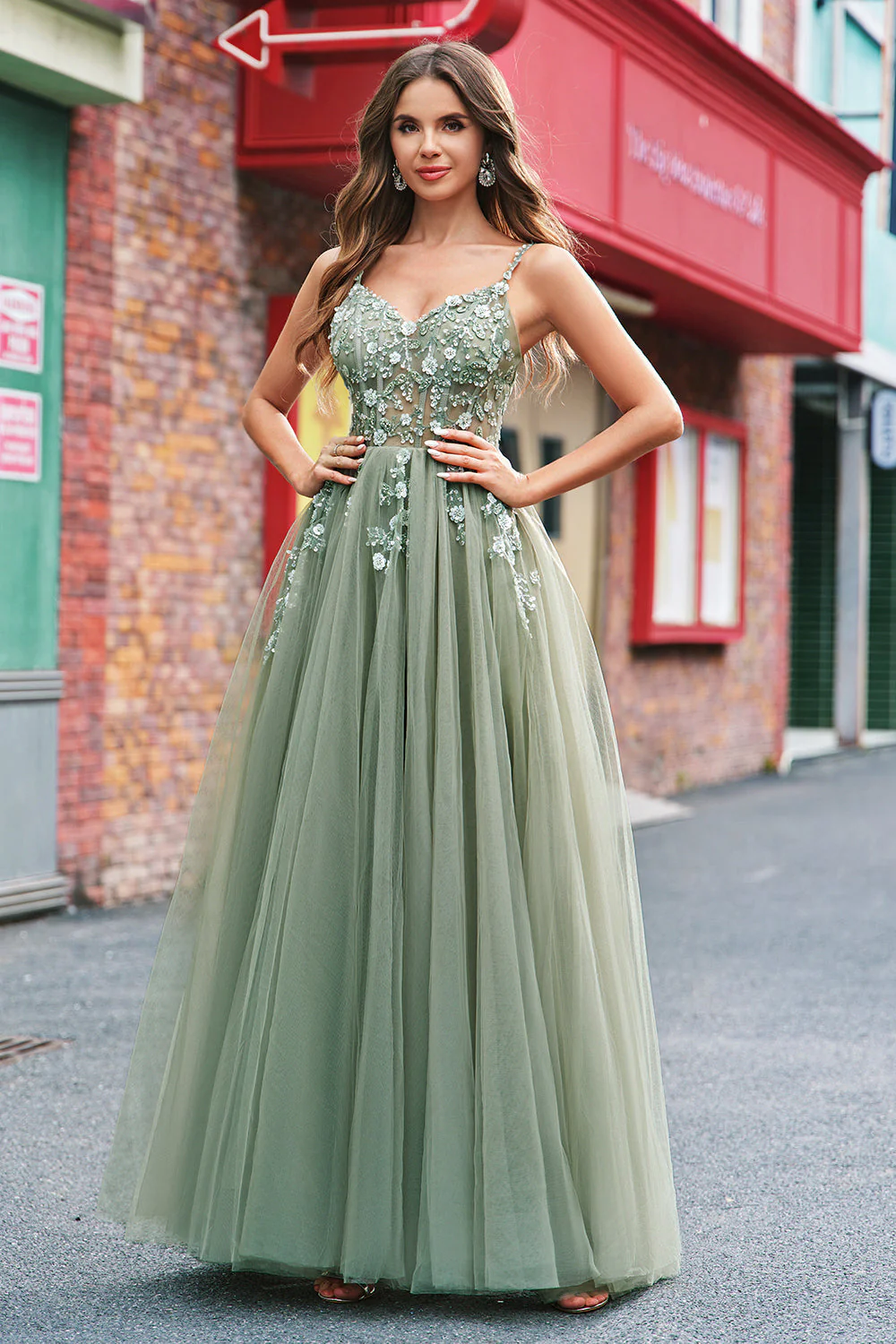 Vert Une ligne Corset Sequin Tulle Robe Longue De Bal Avec Lacets Dans Le Dos