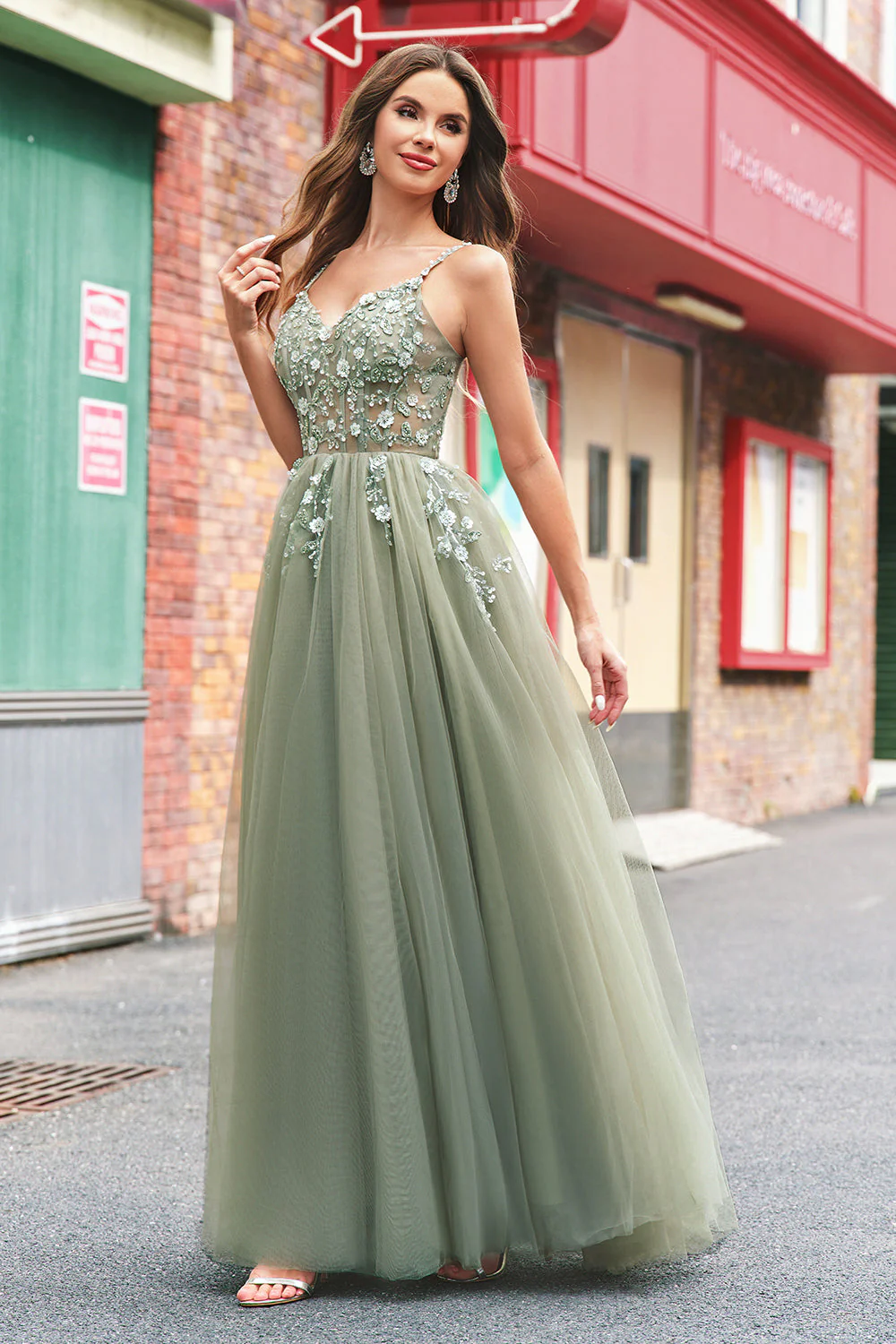 Vert Une ligne Corset Sequin Tulle Robe Longue De Bal Avec Lacets Dans Le Dos - Image 6