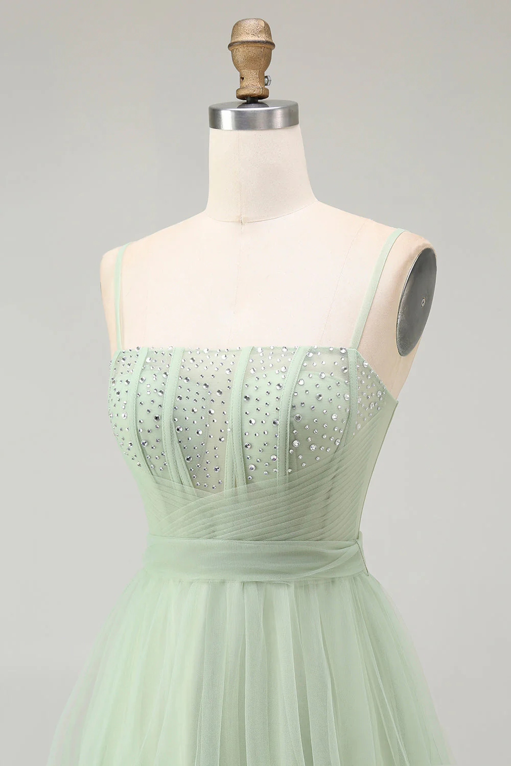 Vert Une ligne perlée Tulle Corset Robe de bal longue avec lacets dans le dos - Image 6