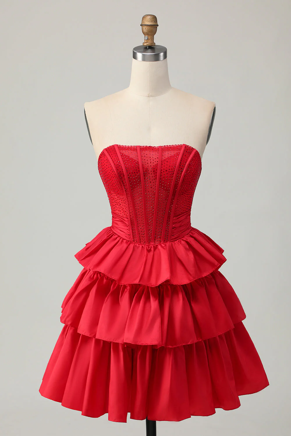 Robe de cocktail verte trapèze bustier à volants et perles avec nœud - Image 15