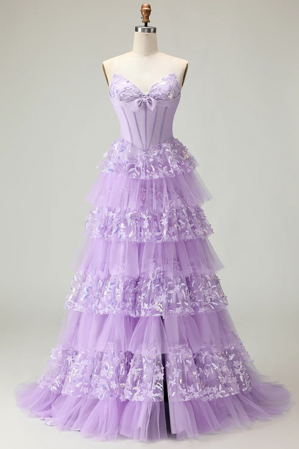 Sweetheart Une ligne corset violet à volants longue robe de bal avec paillettes