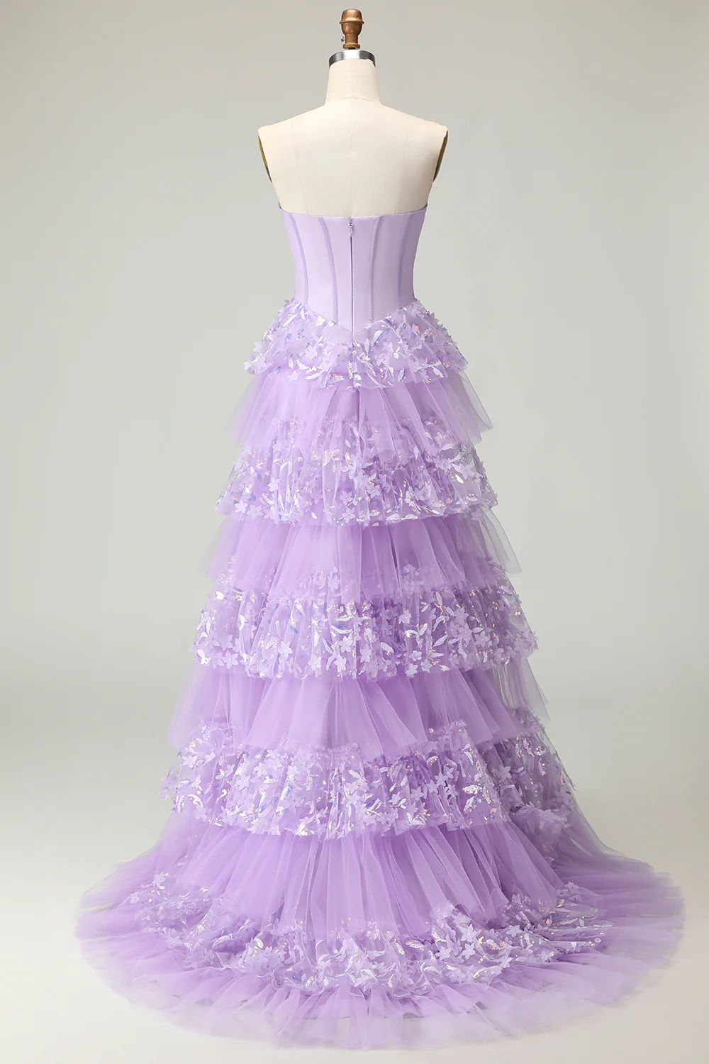 Sweetheart Une ligne corset violet à volants longue robe de bal avec paillettes - Image 2