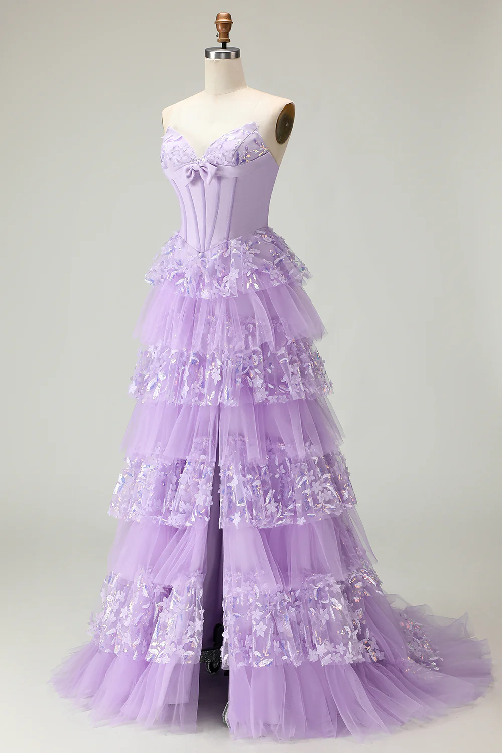 Sweetheart Une ligne corset violet à volants longue robe de bal avec paillettes - Image 3