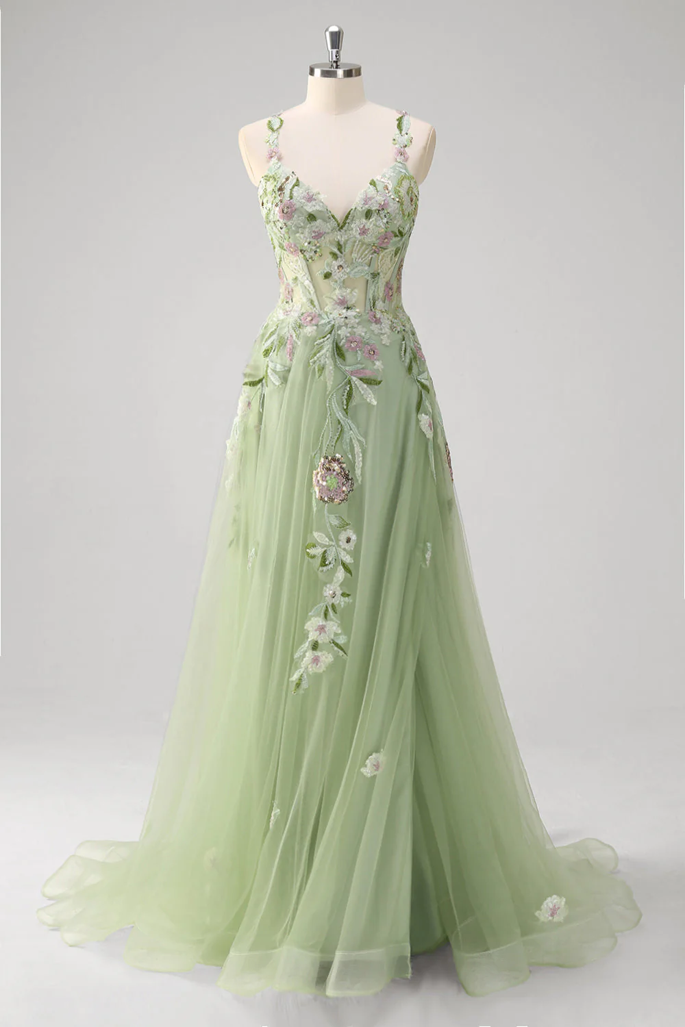 Robe de soirée longue vert émeraude une ligne en tulle à sequins et appliques bustier avec fente - Image 3