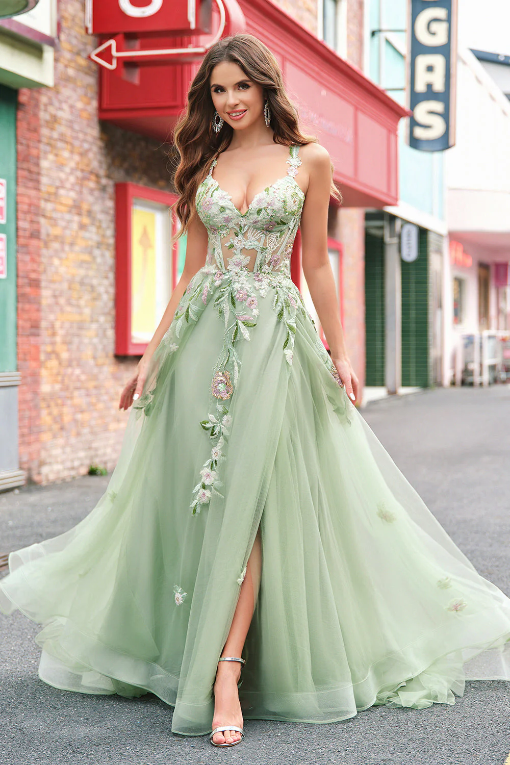 Robe de soirée longue vert émeraude une ligne en tulle à sequins et appliques bustier avec fente - Image 7