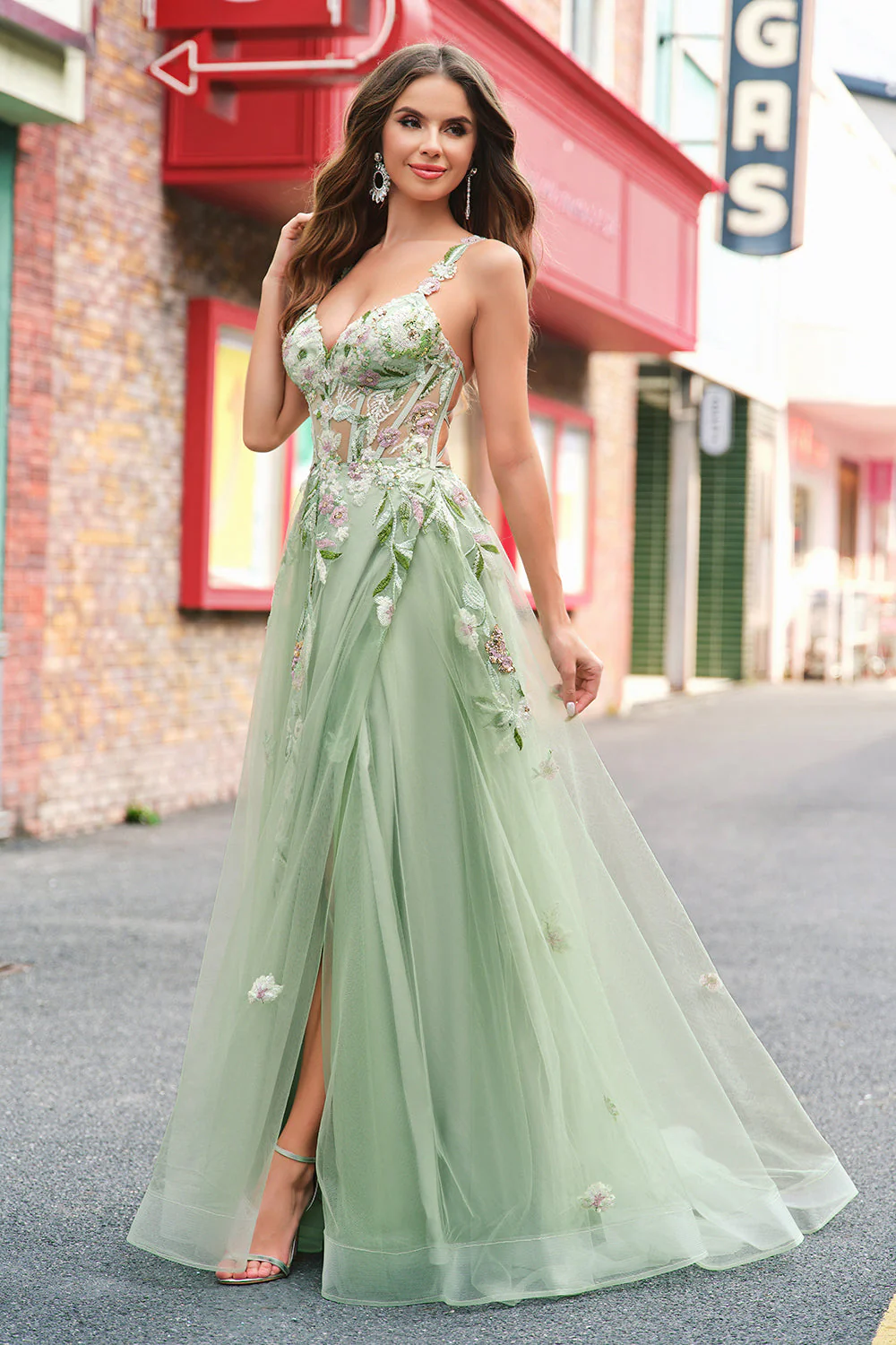 Robe de soirée longue vert émeraude une ligne en tulle à sequins et appliques bustier avec fente - Image 9