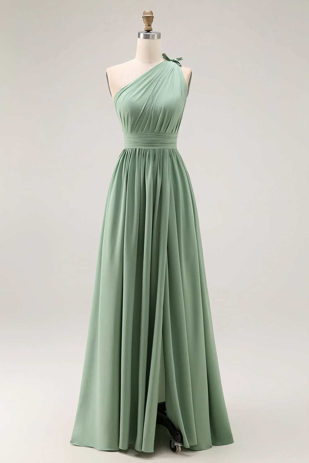 Robe de demoiselle d'honneur vert émeraude une ligne à épaule unique ruchée avec fente