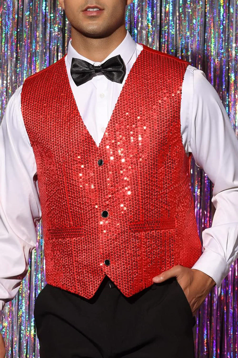 Veste noir scintillant à un seul boutonnement, col en V, avec des paillettes - Image 12