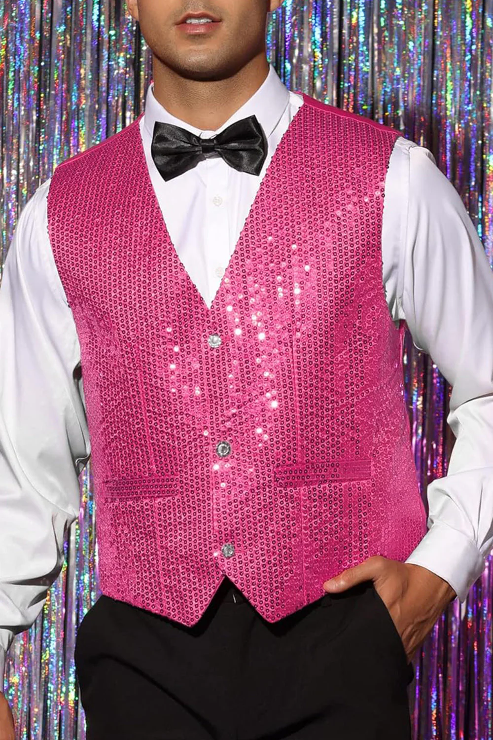 Veste noir scintillant à un seul boutonnement, col en V, avec des paillettes - Image 15