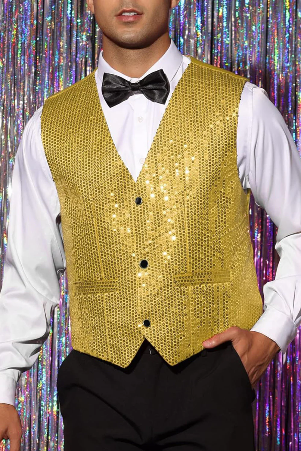 Veste noir scintillant à un seul boutonnement, col en V, avec des paillettes - Image 18
