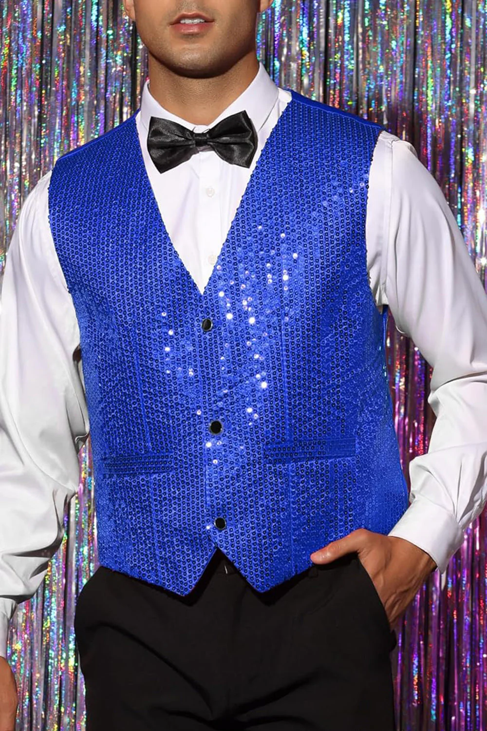 Veste noir scintillant à un seul boutonnement, col en V, avec des paillettes - Image 21