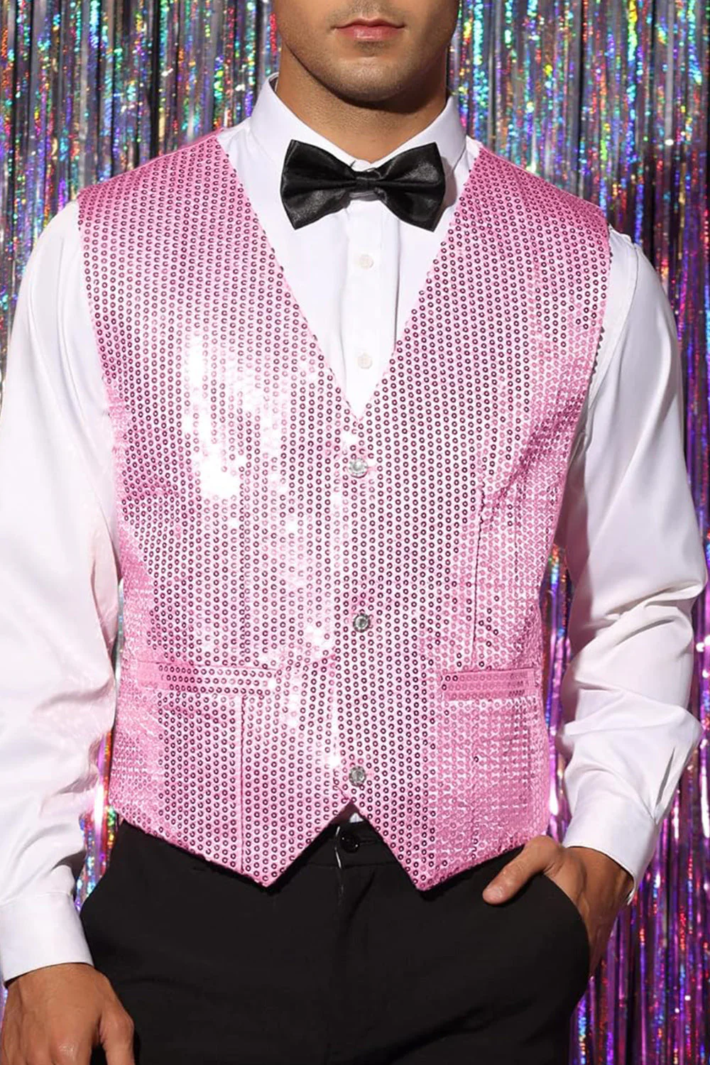 Veste noir scintillant à un seul boutonnement, col en V, avec des paillettes - Image 6