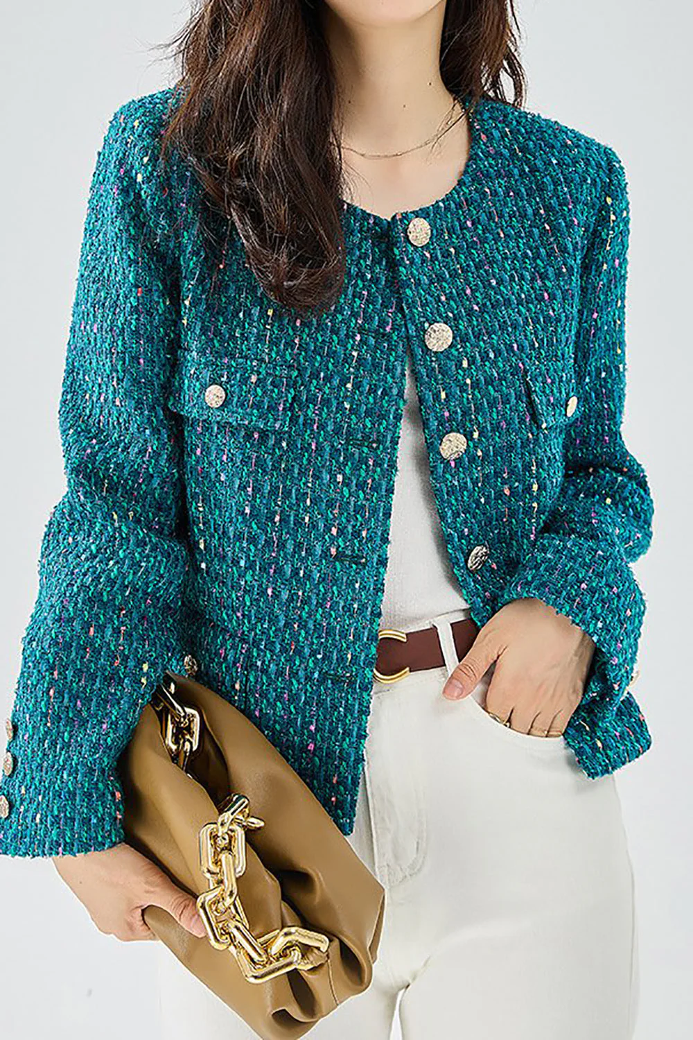 Veste pour femme en tweed ouvert bleu foncé - Image 4