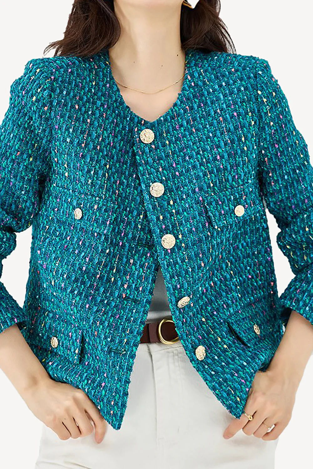 Veste pour femme en tweed ouvert bleu foncé - Image 5