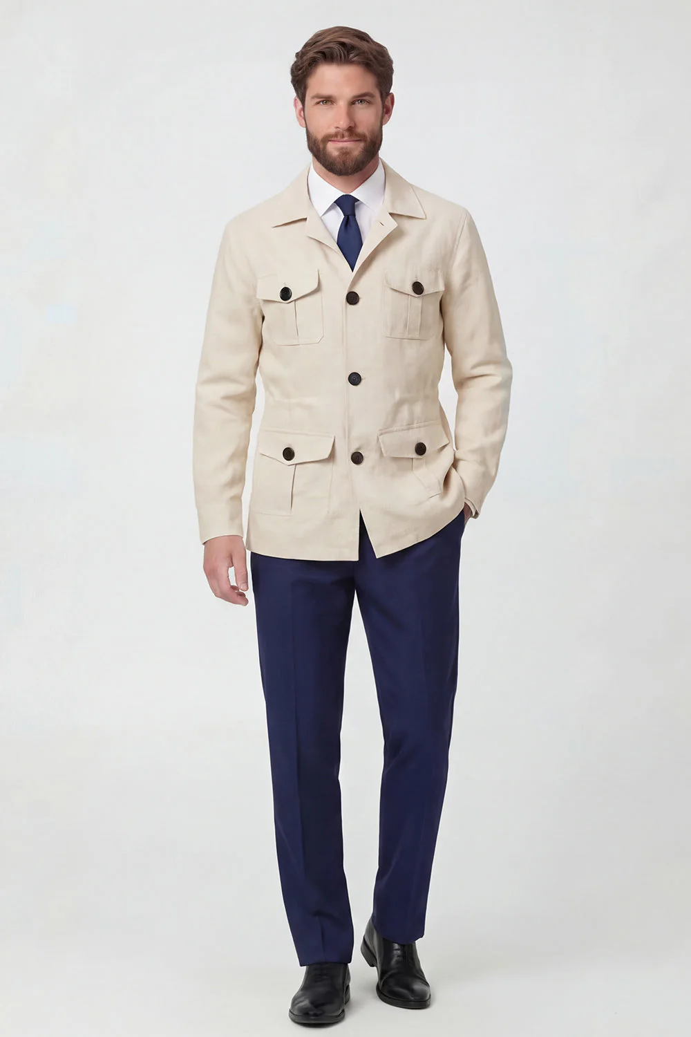 Veste pour hommes à boutonnage simple à revers beige - Image 4