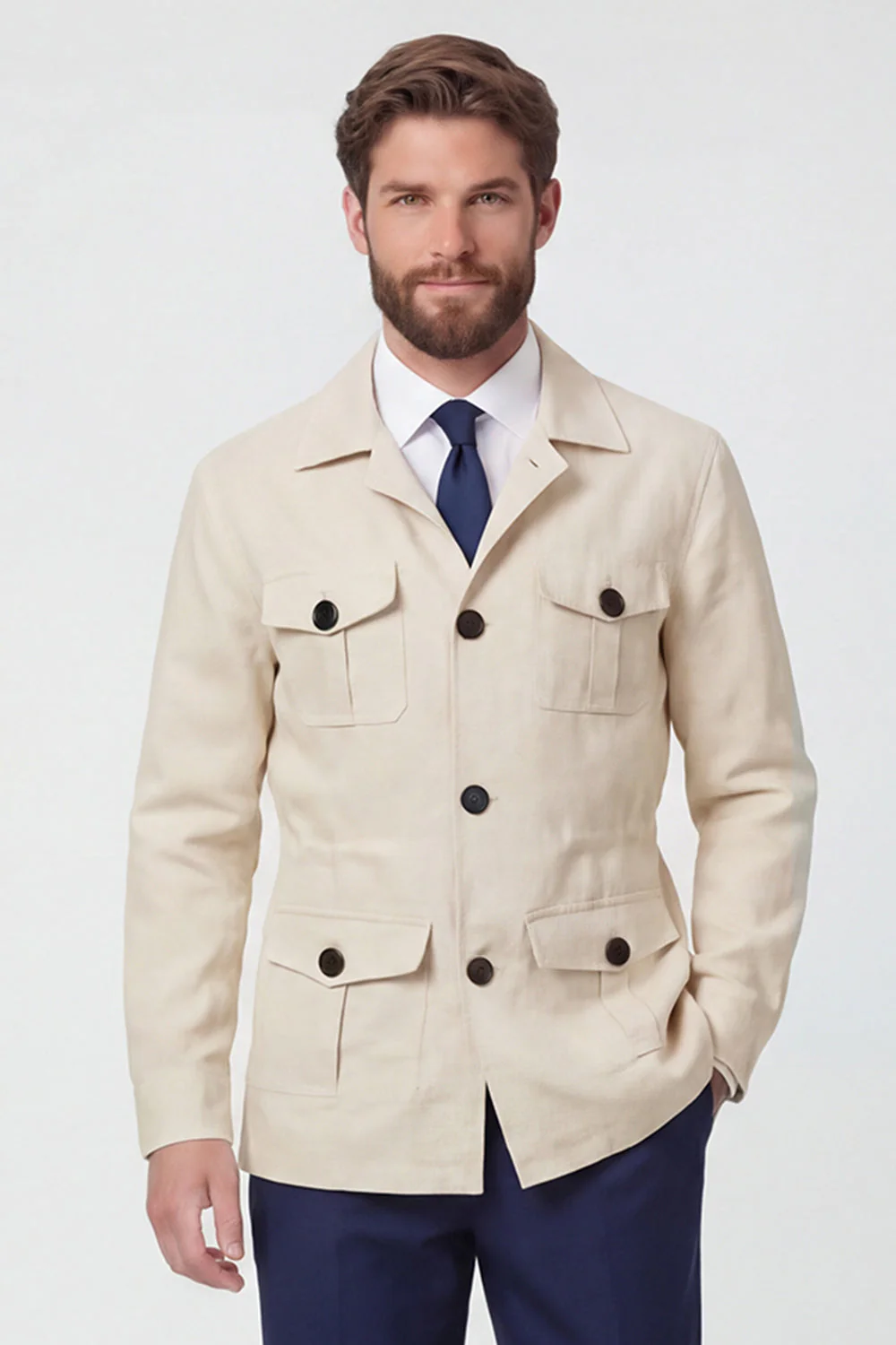 Veste pour hommes à boutonnage simple à revers beige - Image 7