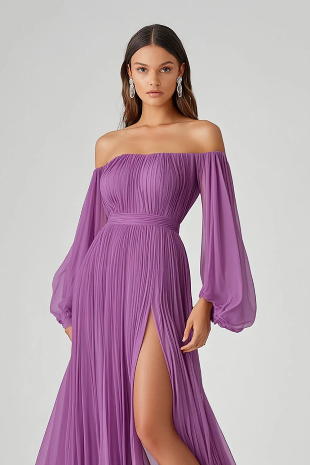 Violet A Ligne Manches Longues Robe Formelle En Mousseline De Soie Avec Fente - Image 2