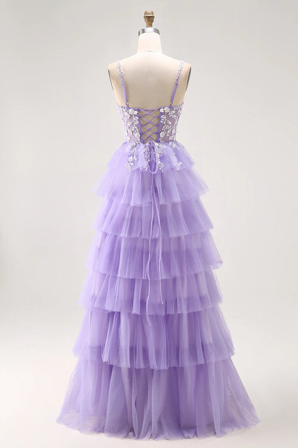 Violet A-ligne paillettes Tulle Corset Robe de bal longue à plusieurs niveaux avec lacets dans le dos - Image 2
